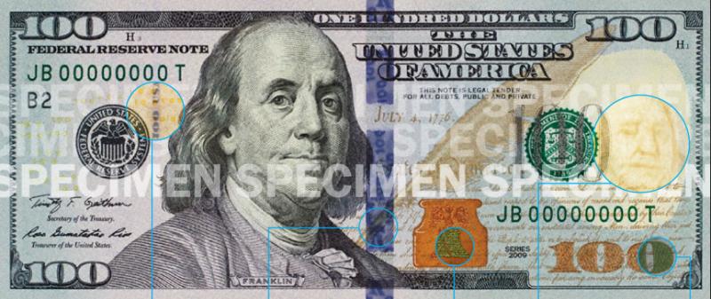 The new bill also has rough patches on Ben Franklin's shoulder that can be felt to check the authenticity of the note. (newmoney.gov).
