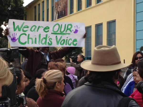 Parents protest outside Miramonte Elementary on Monday.  (Photo courtesy ATVN)