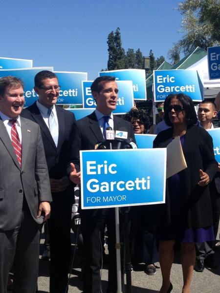 Former rivals Kevin James, Emanuel Pleitez and Jan Perry united behind Eric Garcetti Wednesday. (Alexa Liacko/ATVN)