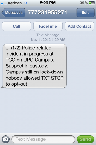 Students received texts like these from Trojans Alert, updating them on the shooting. (Photo by ATVN)