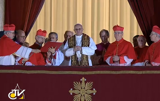 Pope Francis appears in front of the public for the first time. (Vatican TV)