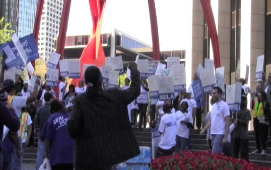 Protesters gather outside of Bank of America Plaza Downtown. (Photo courtesy ATVN)