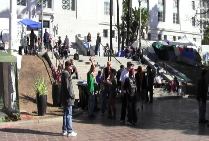 Protesters congregate in front of City Hall on Day 53 of Occupy LA.