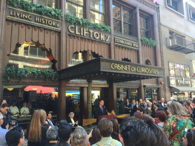 Los Angeles Mayor Eric Garcetti addresses a crowd in front of Clifton's Cafeteria Thursday (David Merrell)