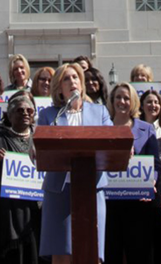 City Controller Wendy Greuel addresses a crowd of followers. (Facebook)