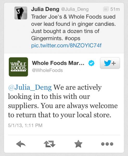 One of the only responses thus far to the lawsuit filed against Whole Foods was this tweet to ATVN reporter Julia Deng. (Julia Deng/ATVN)
