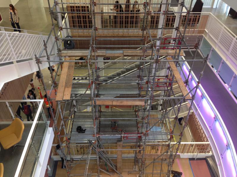 The new screen will span three stories of the atrium. (Photo by Sana S. Ahmed) The new screen will span three stories of the atrium. (Photo by Sana S. Ahmed)