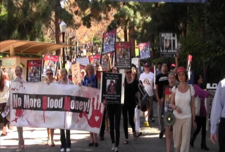 Stop Animal Exploitation Now! and other animal rights activists protested the use of live animals in experiments at UCLA. (ATVN/ Lauren Jones)