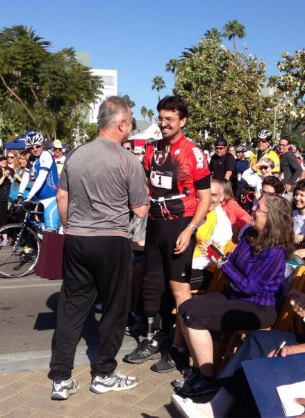 Damian Kevitt was hailed as a local hero at Finish The Ride 2014. Hundreds gathered for the event in front of the Church of Scientology to applaud his triumphant return to the Los Angeles bicycle community, following a near-fatal hit-and-run accident.