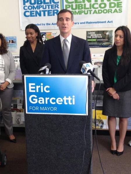 Eric Garcetti spoke at the Hollywood Family Source Center Monday.