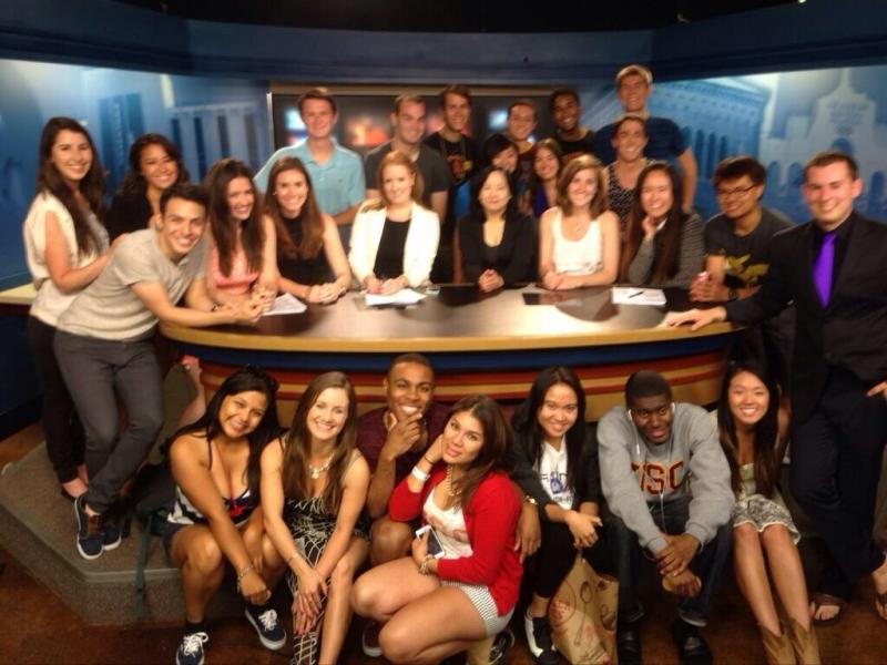 Serena Cha, Executive Director of the Annenberg Media Center and founder of ATVN, posed with members of the 2014 news team after they aired their last newscast from Studio B. ATVN will have a new home in Wallis Annenberg Hall this fall.