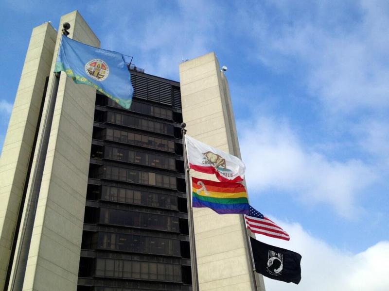LGBT Pride flag over City Hall Plaza. (Ashley Riegle/ ATVN)