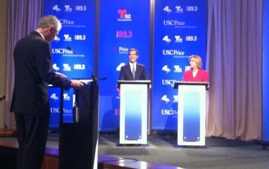 Wendy Greuel and Eric Garcetti debated at the USC Hetitleh Sciences Campus Wendy Greuel and Eric Garcetti debated at the USC Health Sciences Campus