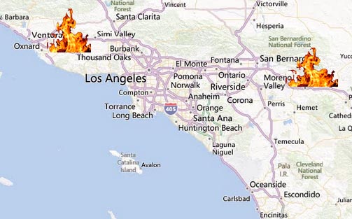Fires are still blazing in Banning and Camarillo and there is a fire advisory for Los Angeles and Ventura Counties. (Bing Maps).