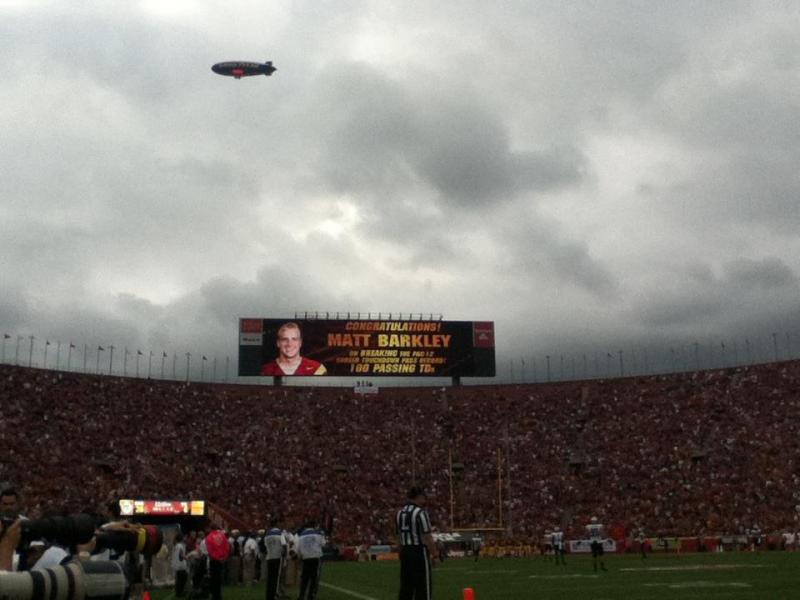 The video board at the Coliseum congratulates Matt Barkley on breaking the all-time USC TD pass record.