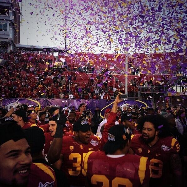 USC celebrates winning it's first Royal Purple Las Vegas Bowl Championship. USC finished the 2012-13 season 10-4.