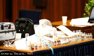 An assortment of drugs found in Jackson's home that have been introduced as evidence in the trial of Conrad Murray. (AP)