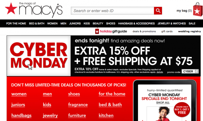 Online retailers like Macys.com are offering Cyber Monday deals (ATVN).
