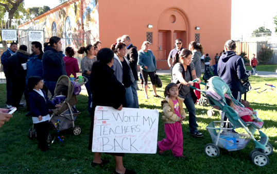 Parents protest outside Miramonte Elementary School (Photo courtesy ATVN)