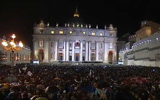 Tens of thousands of people pack St. Peters Square on Wednesday night in anticipation of the reveal of the new pope. (Vatican TV) 