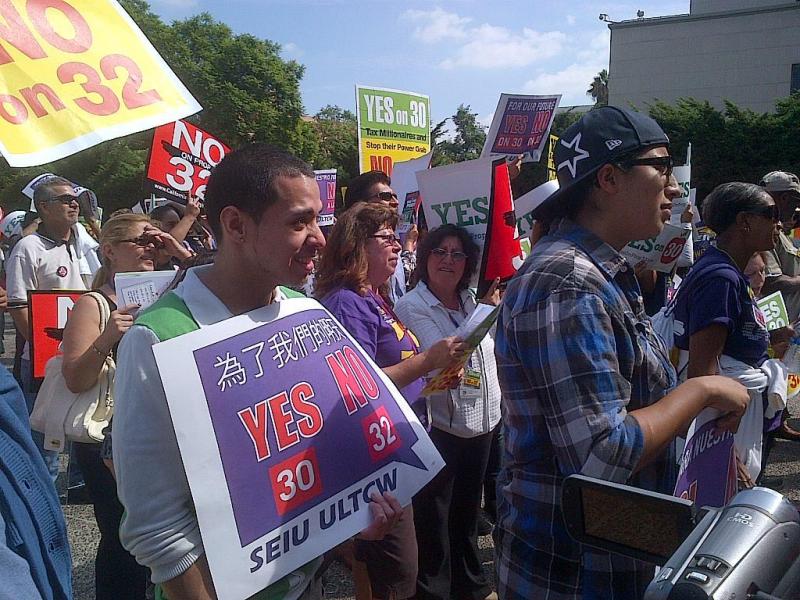 Protesters in support of Prop 30 and against Prop 32 at Hall of Administration. (Photo by ATVN and Kayla Colin)