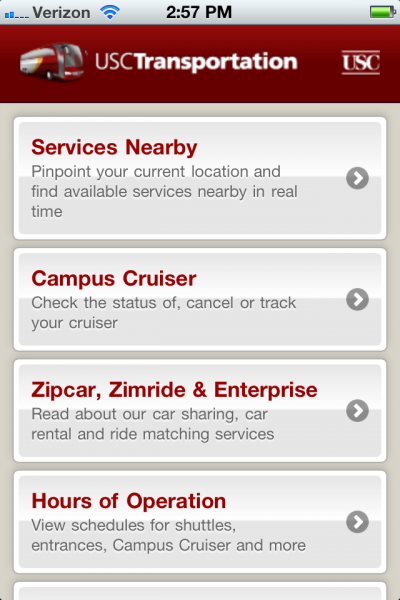 Screenshot of the transportation app (USC)