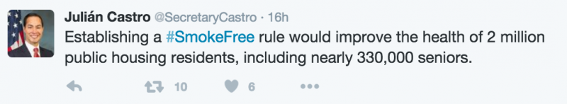 HUD Secretary Julian Castro expressed his support for smoke-free public housing via Twitter on Thursday, Nov. 12. 