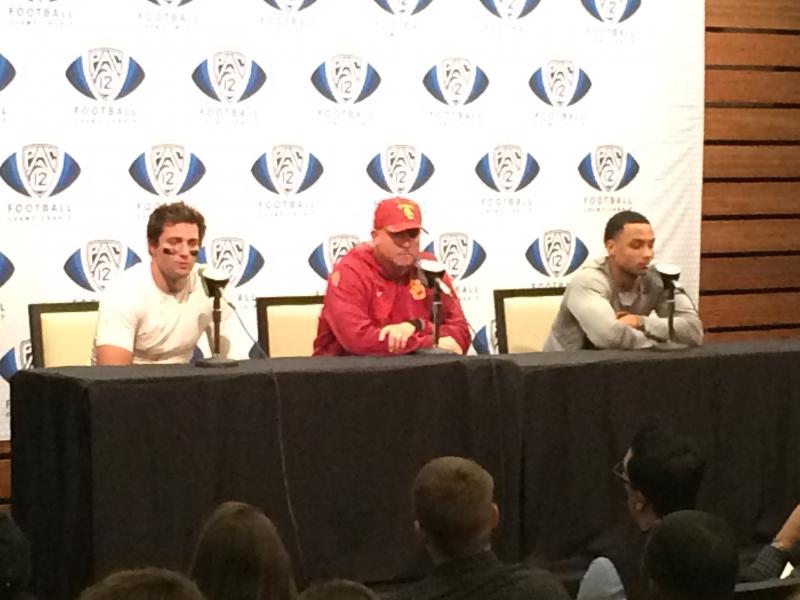 QB Cody Kessler, Coach Clay Helton and LB Su'a Cravens address the media following loss to Stanford in PAC-12 Championship. (Scott Cook / Annenberg Media)