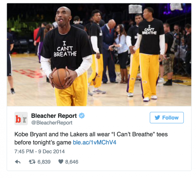 The Lakers were among several teams, professional and amateur, that donned "I Can't Breathe" shirt at games last season. The Lakers were among several teams, professional and amateur, that donned "I Can't Breathe" shirt at games last season.