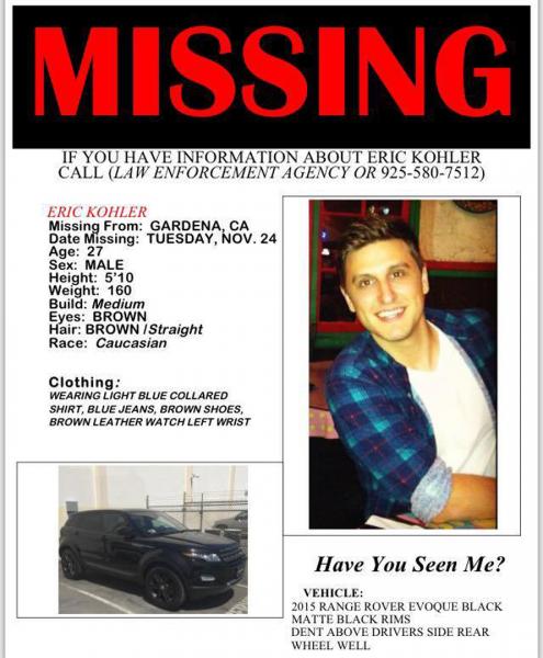 Signs like this one have been posted around L.A. Kohler was last seen leaving his job at Hydraulx's South L.A. studio on Nov. 24 (LAPD) 