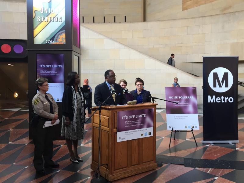 Metro Los Angeles, the Los Angeles County Sheriff's Department and Peace Over Violence began a public outreach campaign Thursday to combat sexual harassment on the transit system. (Whitney Ashton/Annenberg Media)