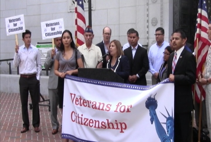 Members of "Veterans for Citizenship" rally outside LA City Hall. (ATVN) Members of "Veterans for Citizenship" rally outside LA City Hall. (ATVN)